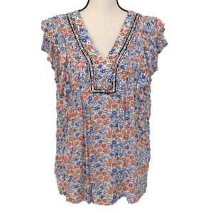 Democracy Blue, White & Orange Flutter Sleeve Floral Top Size Medium